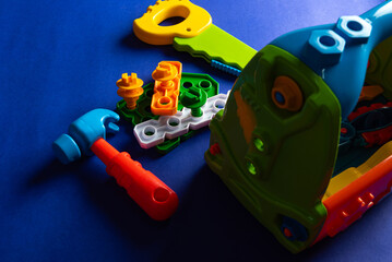 Colorful toys on a blue background