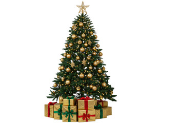 Fraser fir christmas tree, decorated with metallic gold baubles and warm led lights; luxury silver and gold presents at the base, isolated against a transparent studio background. high-end holiday
