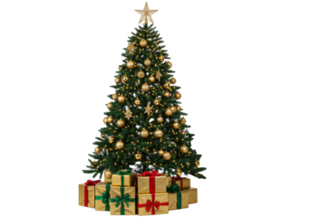 Fraser fir christmas tree, decorated with metallic gold baubles and warm led lights; luxury silver and gold presents at the base, isolated against a transparent studio background. high-end holiday