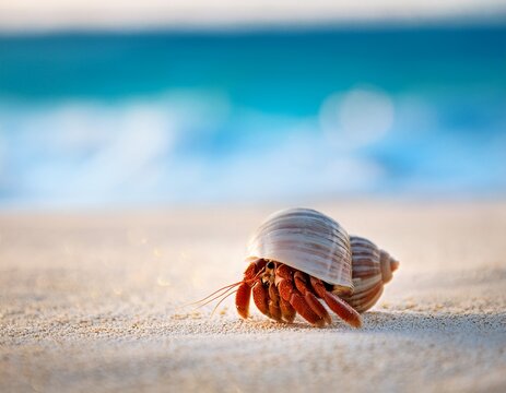 close up of hermit crab in shell on sandy beach with blurred ocean background