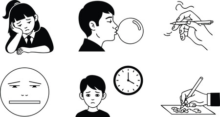 Line art set of six child emotion and action icons including bored girl resting head boy blowing bubble gum hand smoking writing signature neutral sad clock