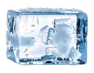 A clear ice cube, partially shattered, showing internal structure, isolated on a white background