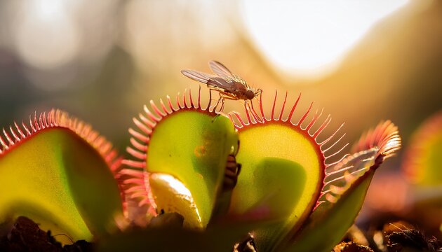 a fly approaches a venus flytrap in a close up illuminated by warm light depicting the predator prey relationship