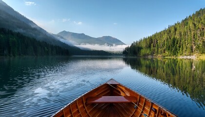 wooden boat on serene mountain lake with foggy peaks and reflective waters