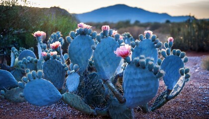 a cluster of blue opuntia cacti with blooming flowers presenting a calming and aesthetic desert garden landscape with cool tones
