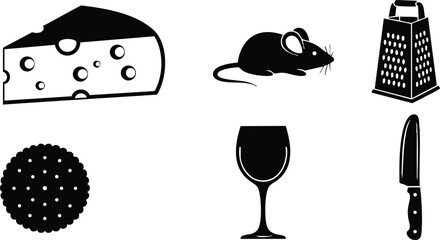 Flat icon close up cheese wedge with holes and small mouse near grater wine glass knife and cracker on white background simple bold silhouette vector illustration