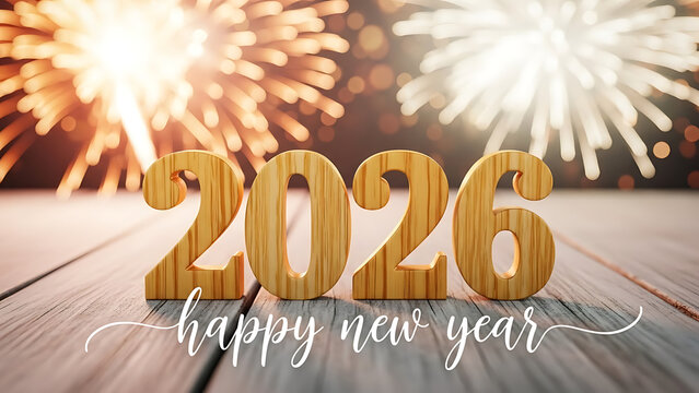 Happy new year 2026 with fireworks on wooden table background