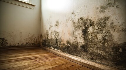 Black mold growing on house wall causing damp damage