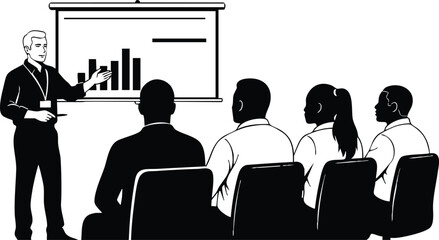 Flat design presenter pointing at bar chart on projection screen addressing four seated attendees in training room side view looking at presenter with id badge minimalist