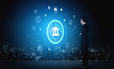 A global FinTech and digital banking network technology concept. A central financial system connected to the worldwide digital economy and services. Motif