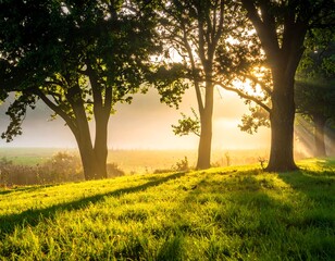 Sunlit meadow with trees, casting shadows and bathed in golden light