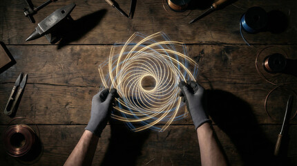 Master Craftsman's Hands Shaping Luminous Spiral Energy on a Rustic Workbench - Innovation, Creativity & Handmade Art
