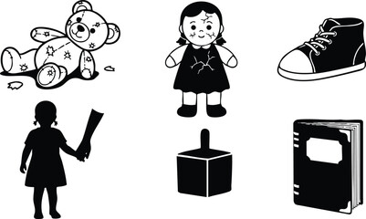 Silhouette icon set close up assorted childrens toys including teddy bear doll shoe spinning top book and girl holding paper side view flat vector minimal art