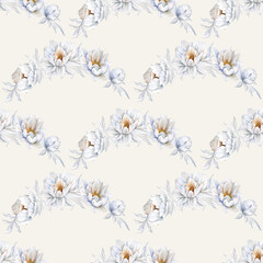 Seamless watercolor pattern with white peony garlands and buds on a cream background. Elegant floral repeat for weddings, textiles, and luxury wallpaper design.
