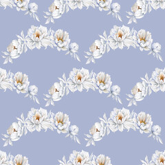 Seamless watercolor pattern of white peony floral arches on a blue background. Hand painted  floral border for fabric, wallpaper, and textiles.