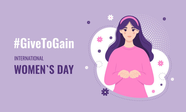 International Womens Day banner, featuring an image of a depicting a woman with open palms, symbolizing support and empowerment. March 8. IWD2026 campaign theme Give to receive. Vector illustration.