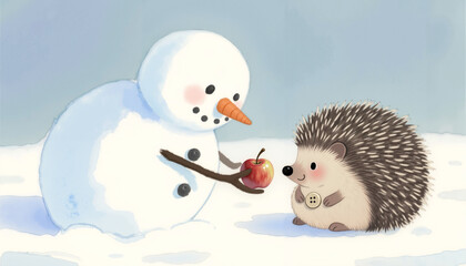 Snowman offering red apple to hedgehog in snowy winter landscape  