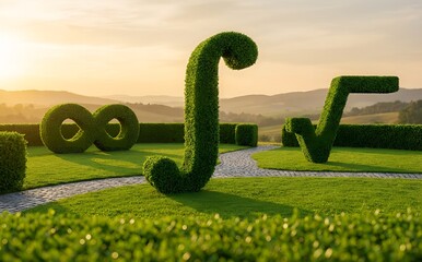 Artistic garden design with mathematical symbols sculpted as vibrant green hedges, creating a conceptual landscape that blends scientific thought with natural beauty under a warm sky