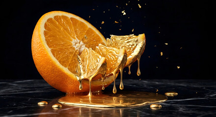 Slice of fresh orange fruit with melting liquid gold dripping. Luxury food concept with black background. Creative surreal 3D art texture