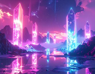 Surreal landscape with vibrant crystal towers reflecting in water