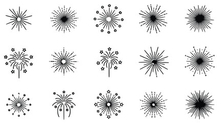 16 Collection of Fifteen Unique Fireworks Icons in Various Designs and Patterns on a White Background for Celebratory Use