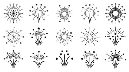Obraz premium Collection of fifteen unique black fireworks designs on a white background, showcasing various patterns and styles in a cohesive visual arrangement for celebration and festive use