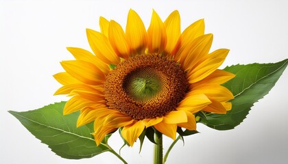 Fototapeta premium Sunflower Yellow Petal Green Leaf Stem Botanical Summer Nature Floral Bloom Isolated Sunflower With Vibrant Yellow Petals And Green Leaves Single Stem Symbolizing Happiness And Warmth Isolated