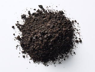 Heap of dark rich soil isolated on a white background. Top view of fertile ground, compost or earth for planting, agriculture and gardening concept.