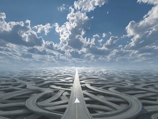 Business strategy concept with a clear, straight road cutting through a chaotic maze of tangled highways, symbolizing clarity, direction, and finding a simple solution to a complex problem.