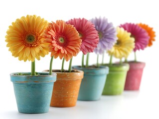 A vibrant row of colorful gerbera daisies in rustic, painted terracotta pots arranged diagonally with a shallow depth of field, isolated on a clean white background.