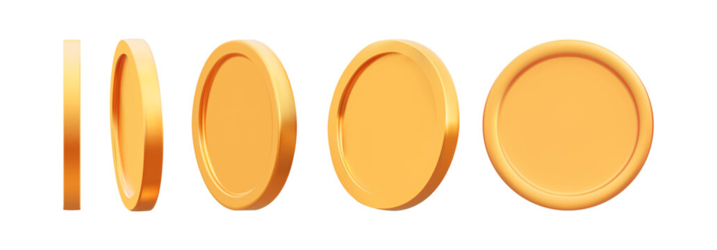 Realistic golden currency symbols in 3D render. Isolated casino tokens and prize elements for jackpot games, treasure hunts, and financial success concepts.