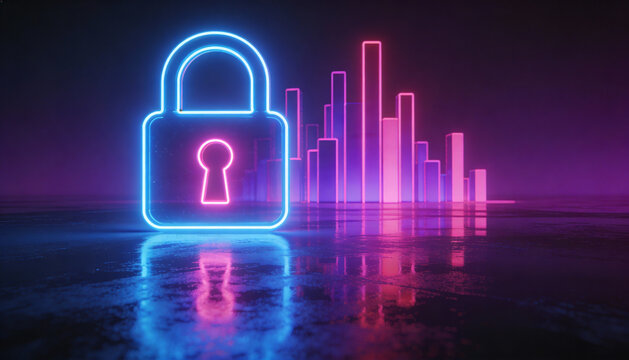 Cybersecurity lock, holographic firewall, neon cityscape, digital shield  - Powered by Adobe