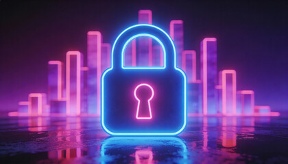 Cybersecurity lock, holographic firewall, neon cityscape, digital shield 