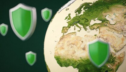 Digital globe surrounded by floating shields, representing global virus protection and cybersecurity for international networks 