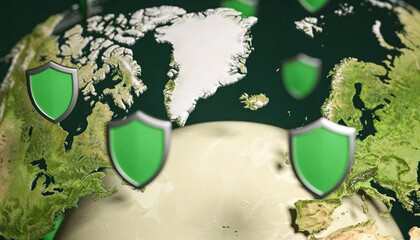 Digital globe surrounded by floating shields, representing global virus protection and cybersecurity for international networks 