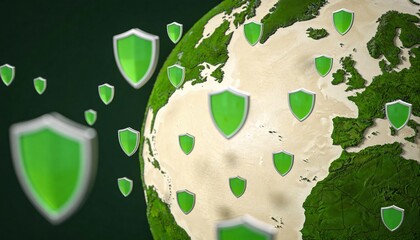 Digital globe surrounded by floating shields, representing global virus protection and cybersecurity for international networks 