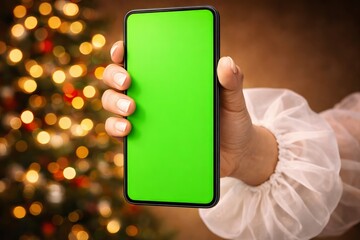 Phone mockup in hand over christmas tree, feminine hand with sheer white sleeve and green screen phone
