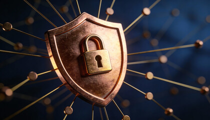 Shield protecting a network of devices, cyber resilience concept, 3D illustration