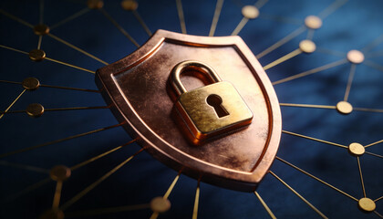 Shield protecting a network of devices, cyber resilience concept, 3D illustration