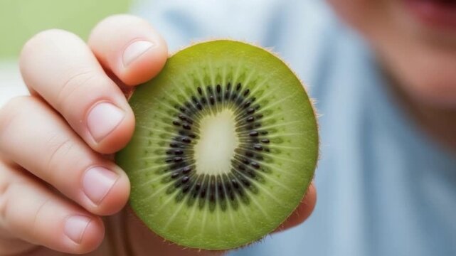 Kiwi fruit cross section, realistic food photography, natural green color, healthy eating concept