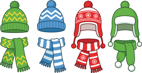 Winter hat and scarf sets for kids, festive accessories, cozy seasonal fashion, cartoon bundle, warm wear – flat vector illustration