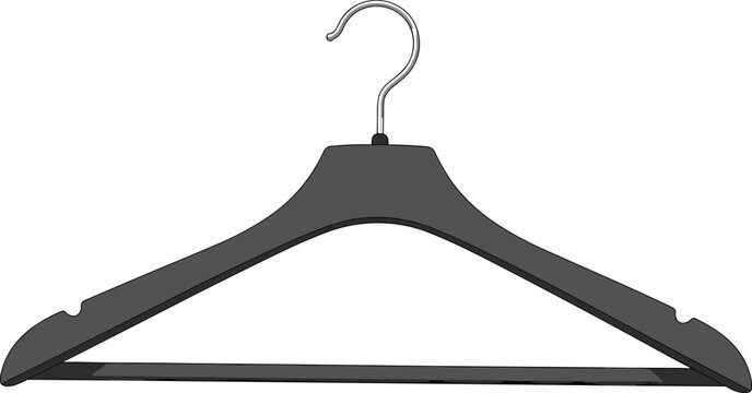 Black clothes hanger with metal hook, broad shoulder, garment bar, strap notches, closet accessory, storage item, flat vector illustration