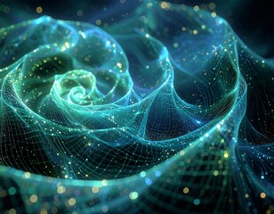 Swirling teal and green network of light and particles