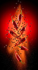 Explosion of red chili peppers and spicy powder against a red and black gradient background.