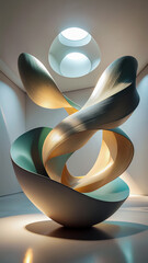 A Futuristic Abstract Sculpture with Intertwined Ribbons Under a Skylit Ceiling in Minimalist Space