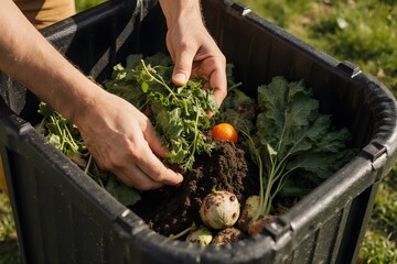 Gardener preparing soil and plant waste for compost in black container