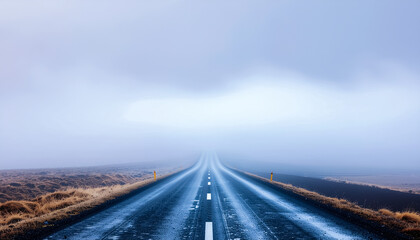An Empty Road Stretching into Thick Fog Over a Desolate Landscape with Cold Morning Light
