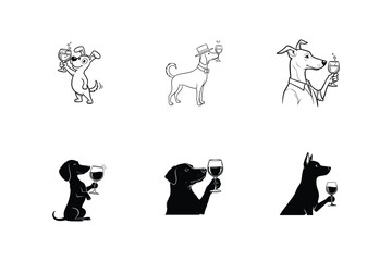 Set of Six Minimalist Vector Illustrations of Dogs Holding Wine Glasses Hand-Drawn Cartoon and Silhouette Style