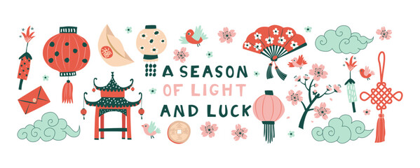 A Season of Light and Luck Chinese New Year Festive Banner with Lanterns and Blossoms