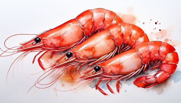 Three Shrimp Red Shrimp Giant Shrimp Gamba Seafood Shrimp Cocktail Watercolour Delicious Fresh Seafood